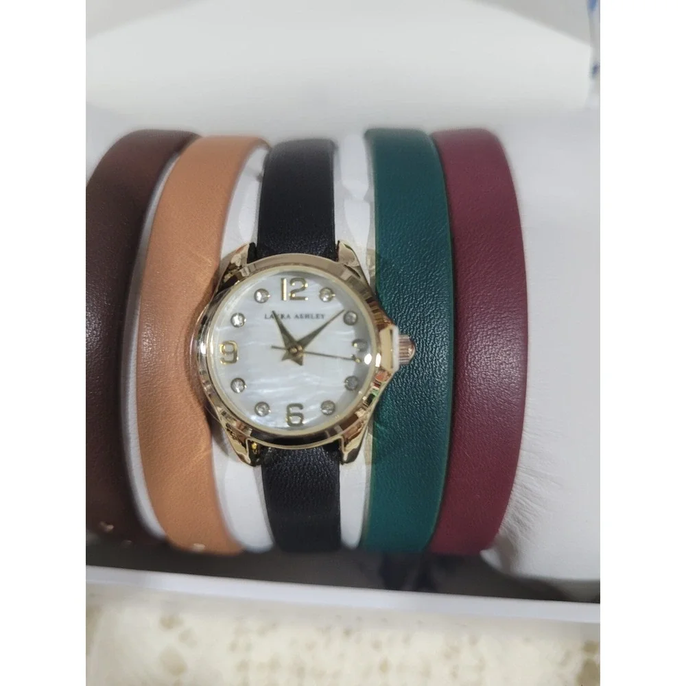 Laura Ashley Womens Mini Case Strap Watch Set with 5 Interchangeable Straps